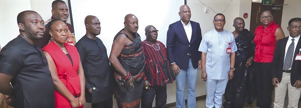 Ato Afful (5th from right), Managing Director, GCGL with Nana Kwabena Dadie (4th from left), Kyidomwahene of Obo Kwahu, Kobby Asmah (4th from right), The Editor, Graphic and other members of the delegation from Jospong Group of Companies.  Picture: SAMUEL TEI ADANO